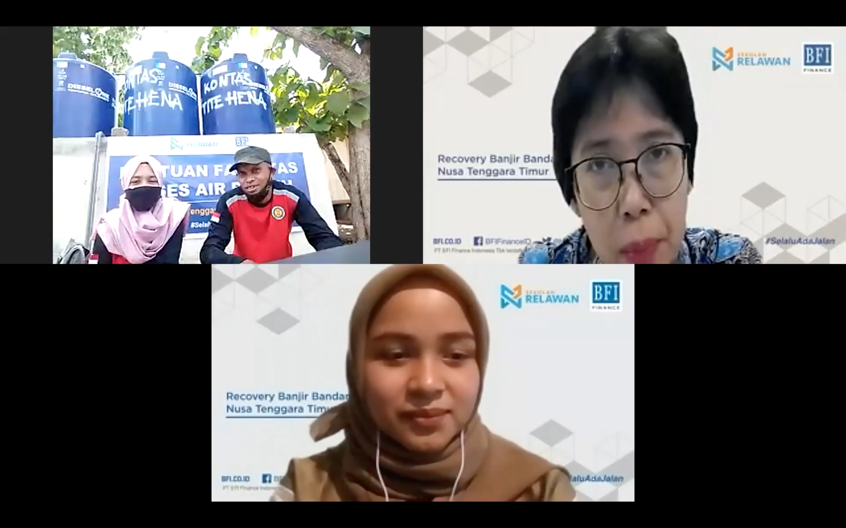 Serah terima bantuan dilaksanakan daring dihadiri oleh Francisca Susilawati (BFI Finance - kanan atas) dan Pihak Sekolah Relawan, 4 Oktober 2021
