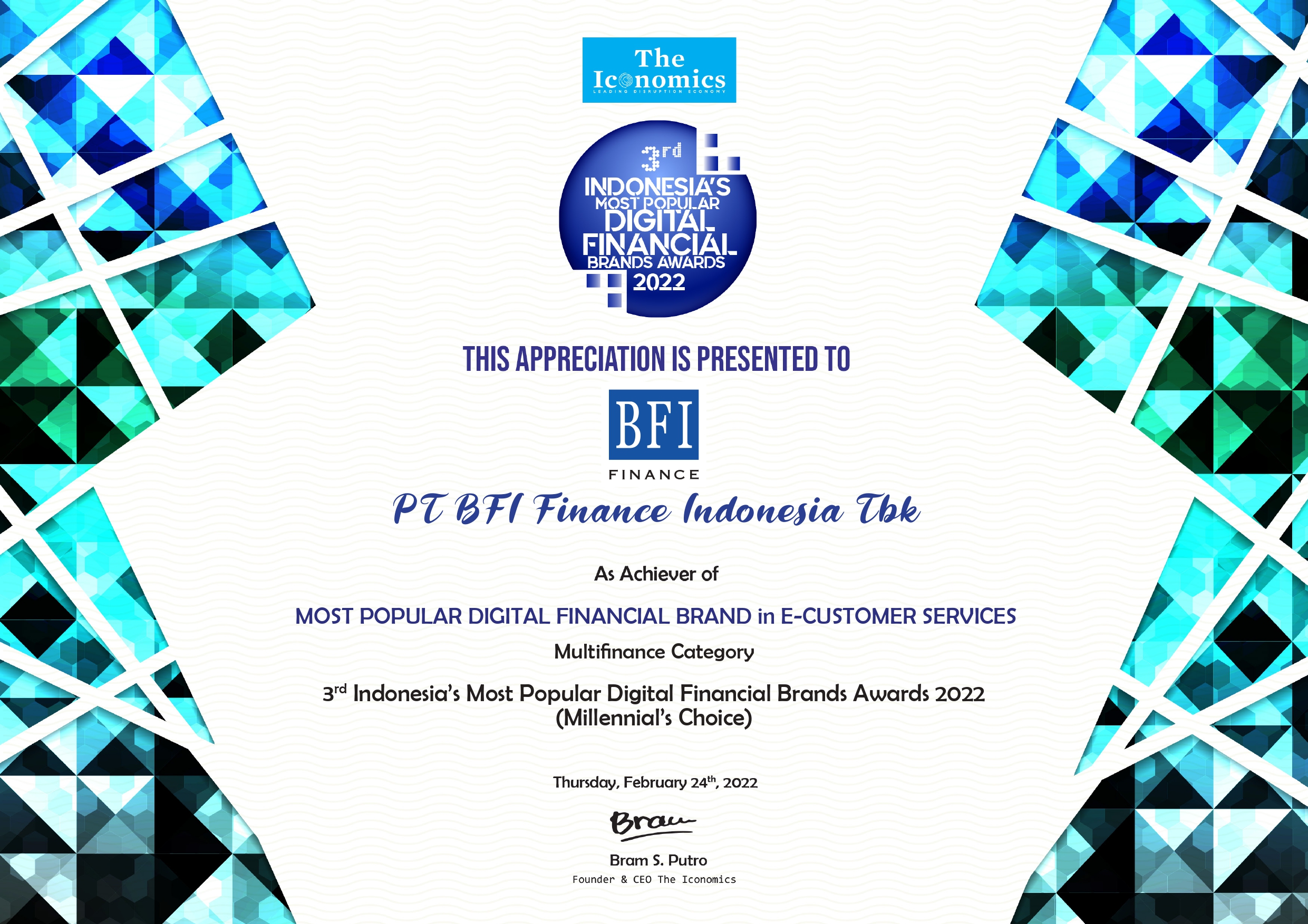 Pilihan Generasi Muda, BFI Finance Raih “Indonesia’s Most Popular Digital Financial Brands Awards 2022”