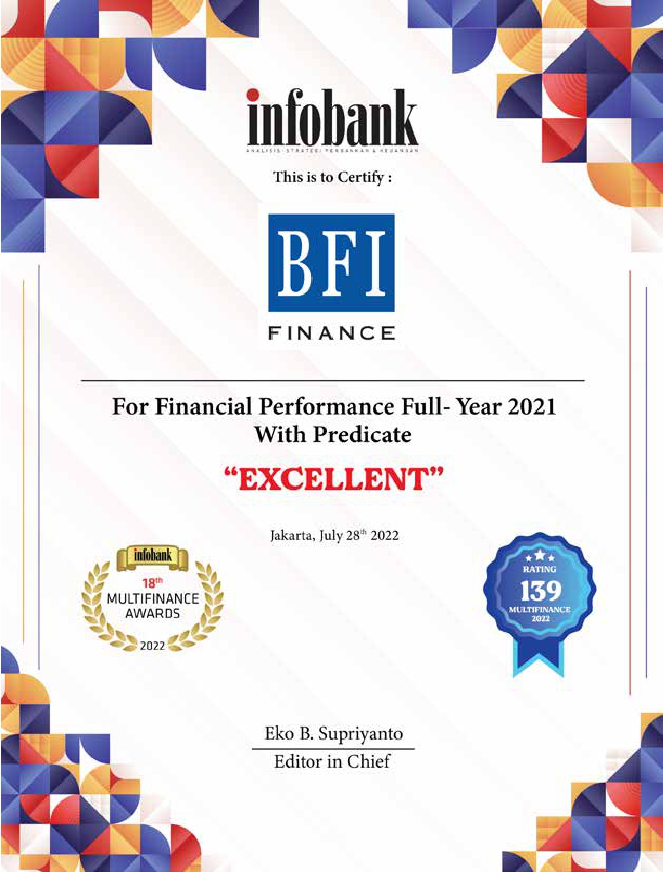 BFI Finance Duduki Posisi Teratas dengan Tiga Gelar Sekaligus dalam Infobank Multifinance Awards 2022