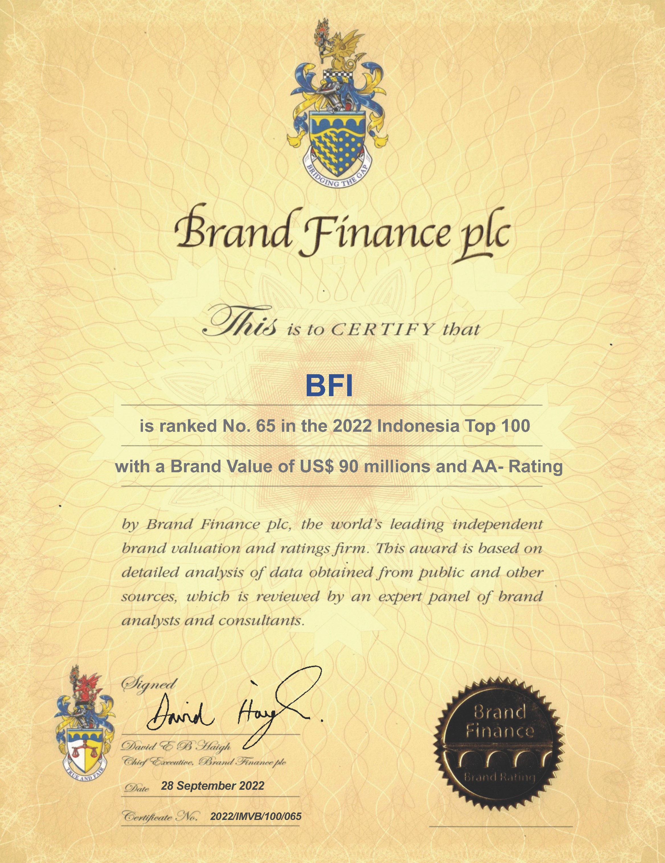 Kian Bertumbuh, BFI Finance Kembali Raih Predikat “Top 100 Most Valuable Brands”