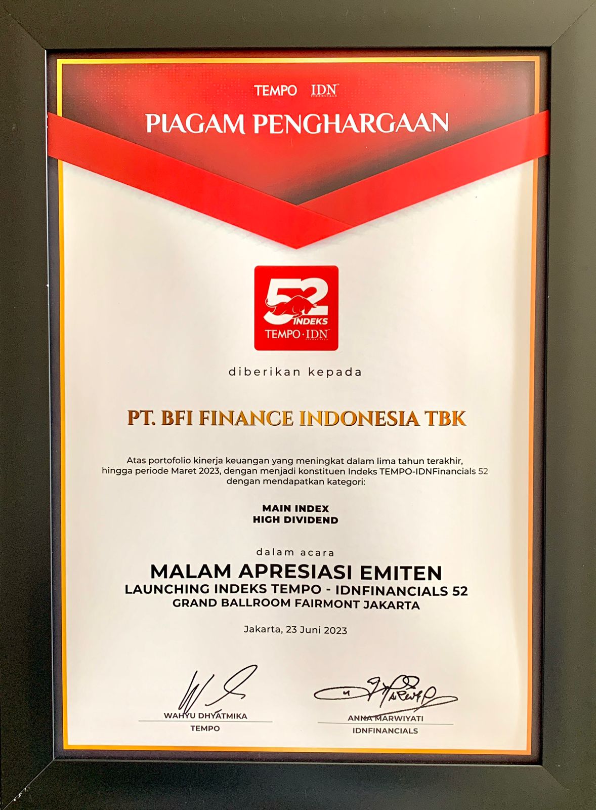 BFI Finance Terima Apresiasi ‘Main Index’ & ‘High Dividend’  versi Indeks Tempo - IDN Financials 52