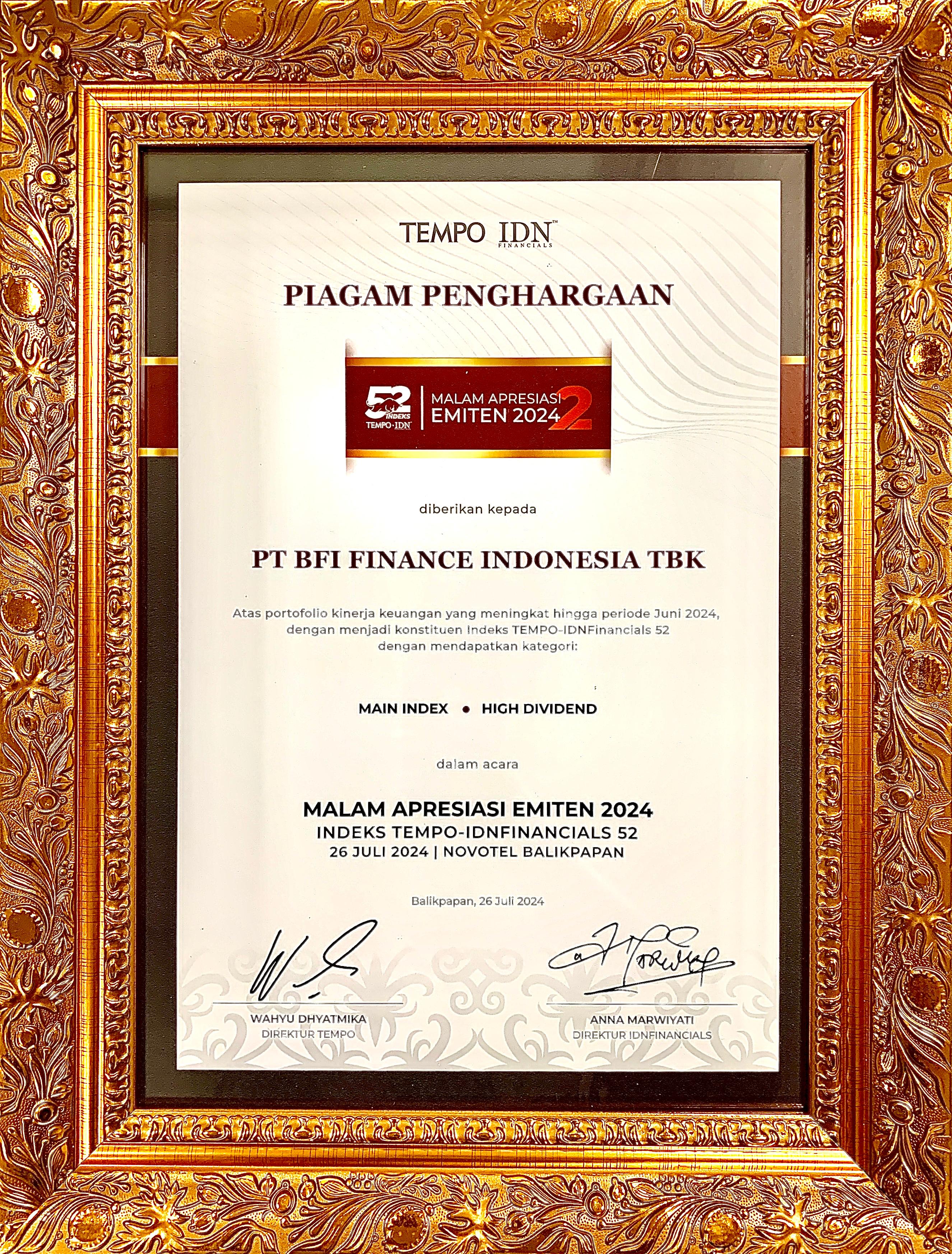 BFI Finance Kembali Raih Dua Kategori Penghargaan di Malam Apresiasi Emiten 2024 Indeks Tempo – IDNFinancials 52
